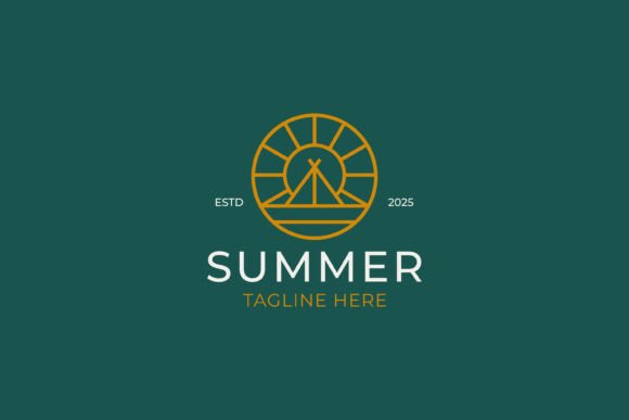 Logo Badge Summer Camp Tent and Sunrise – A Versatile Graphic Design Asset