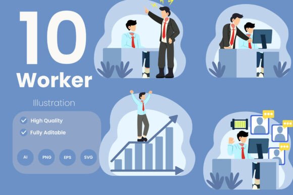 Office Worker Illustration Pack: A Modern Graphic Design Asset for Local Business Branding